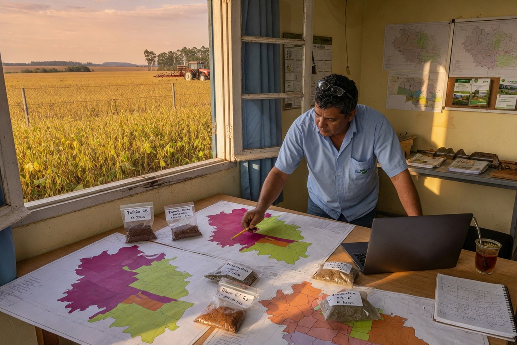 Agrônomo lendo mapas de fertilidade com o talhão à vista