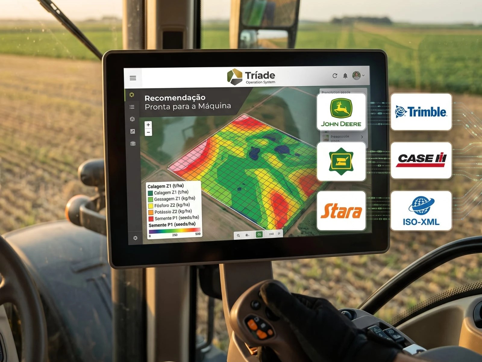 Cabine do trator com o monitor mostrando a recomendação da Tríade pronta para a máquina, nos formatos John Deere, Trimble, Case IH, Stara e ISO-XML
