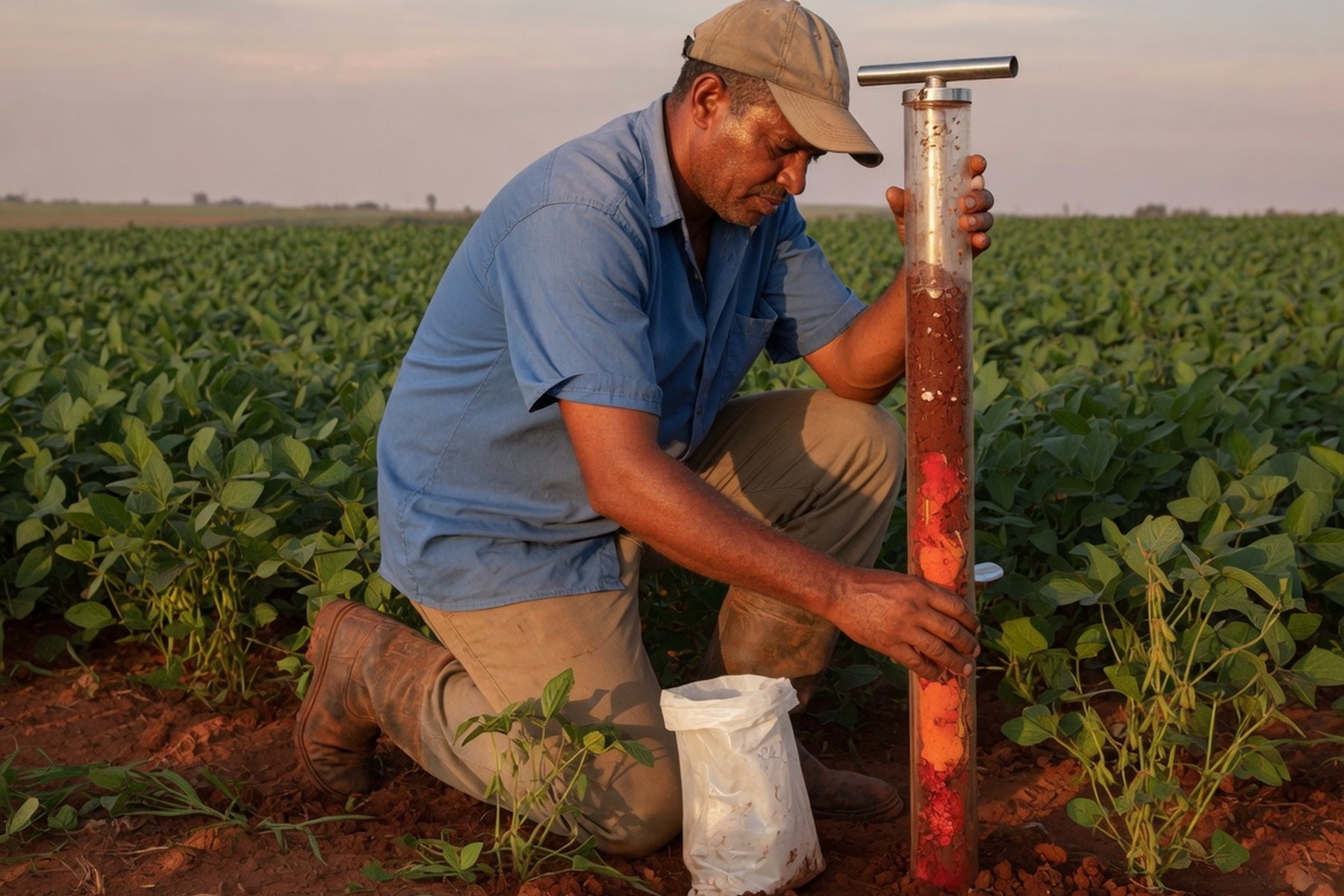 Agrônomo coletando amostra de solo com sonda em lavoura de soja